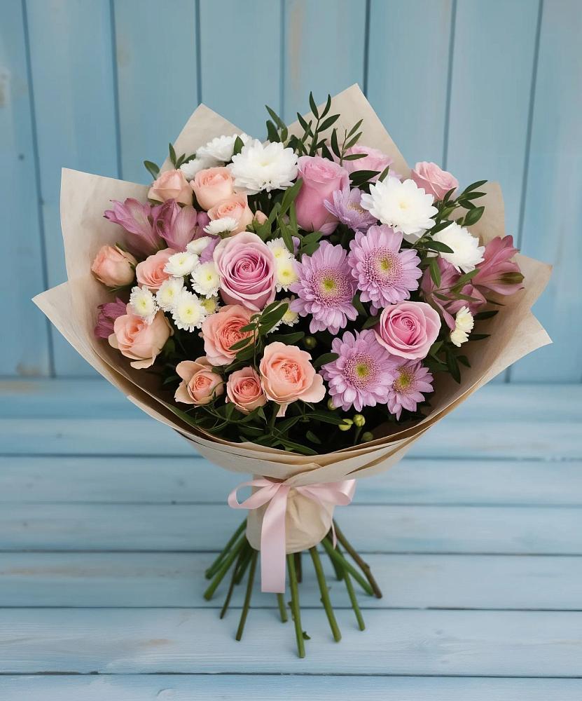 Букет цветов из: Хризантемы, Розы и Альстромерии в Смоленском Алтайский край