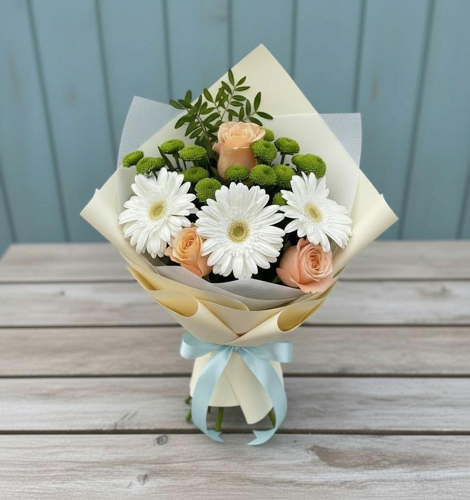 Букет цветов из: Герберы, Розы и Хризантемы в Смоленском Алтайский край