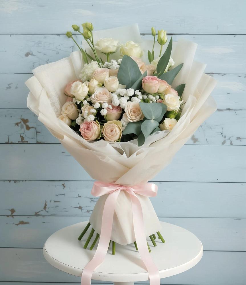 Букет цветов из: Розы и Лизиантусы в Смоленском Алтайский край