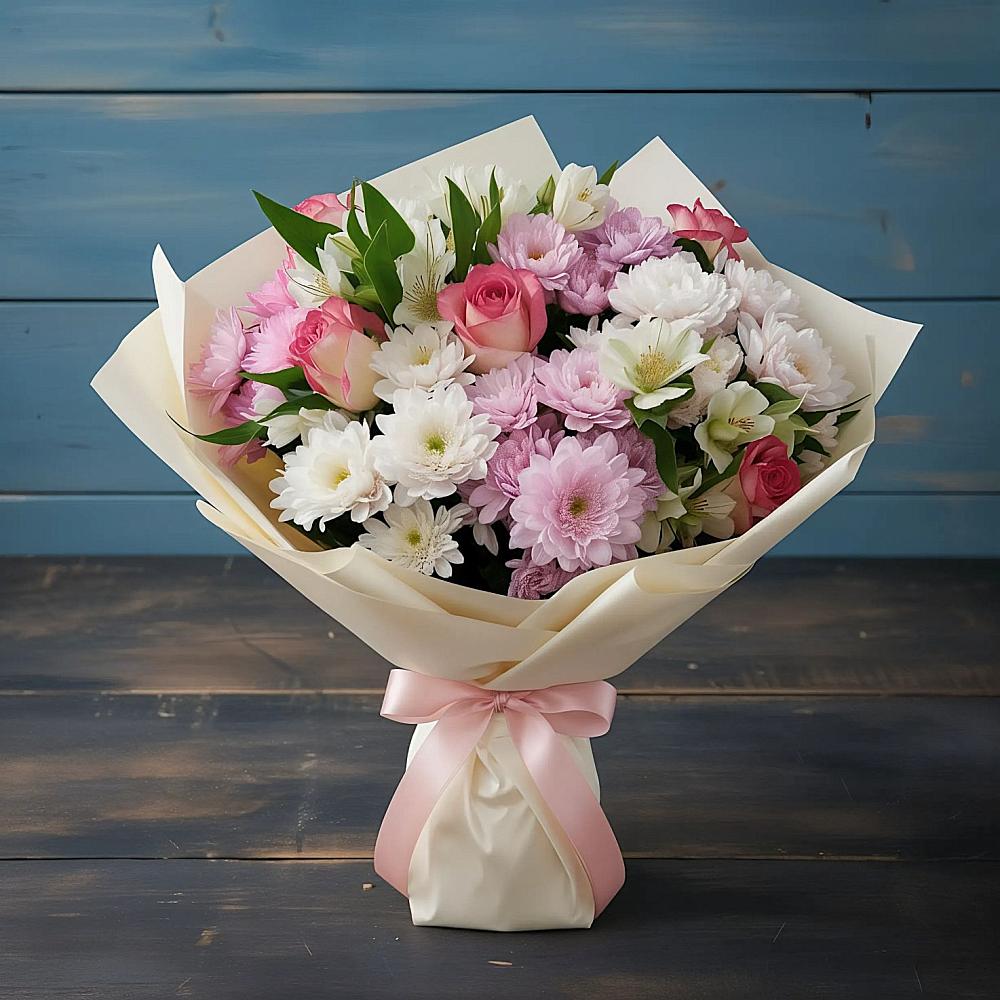 Букет цветов из: Хризантемы, Альстромерии и Розы в Смоленском Алтайский край